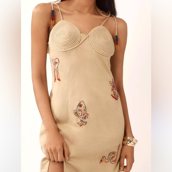 FARM Rio x Anthropologie Tan Embroidered Linen Blend Midi Dress NEW small - Picture 5 of 15